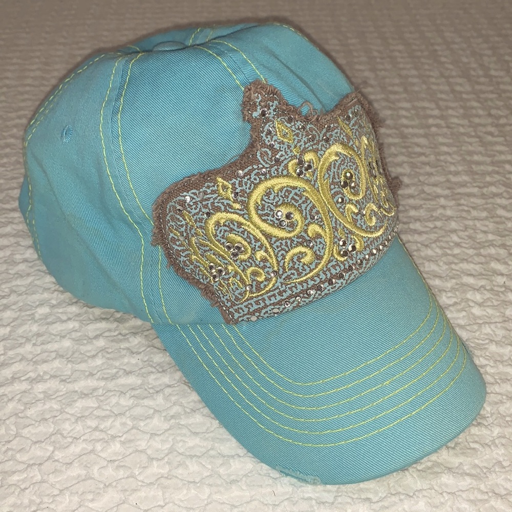 Adorable turquoise & gray Crown Hat with embroidery and crystals